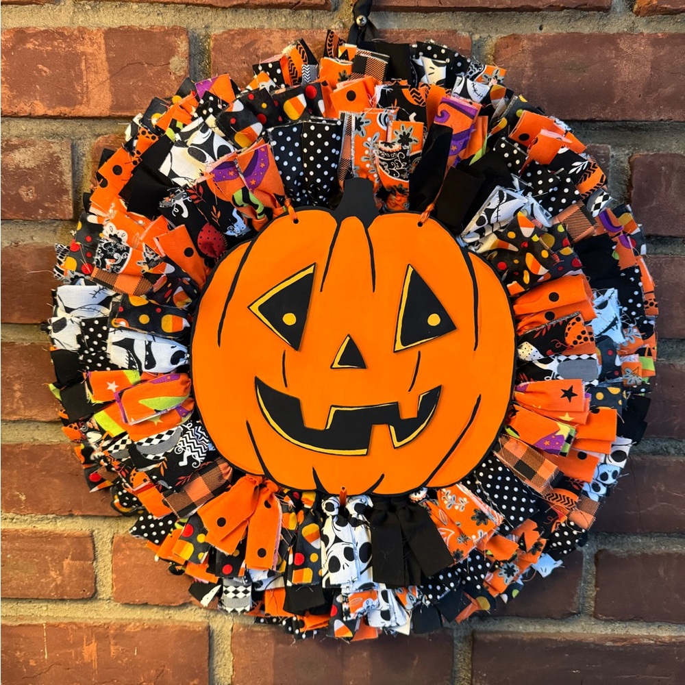 Retro Pumpkin Halloween Rag Wreath